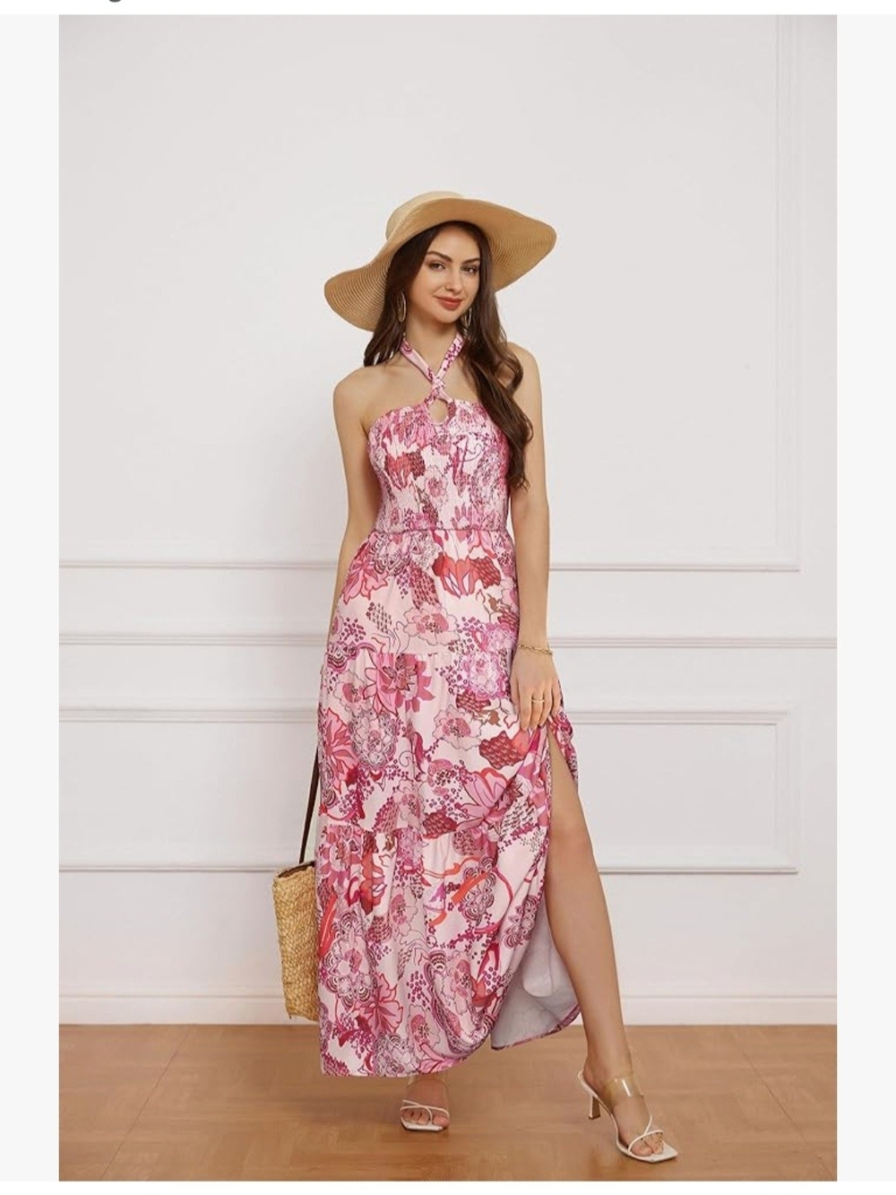Grace Karin Pink and White Floral Halter Maxi Dress - Picture 1 of 5